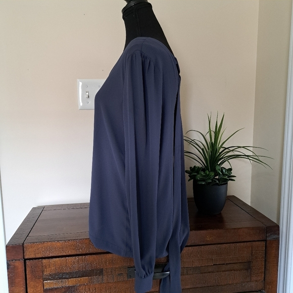 Loft Blouse Tie Back Blue Women's Small V-neck Long Sleeved Gathered Shoulder - Picture 13 of 16